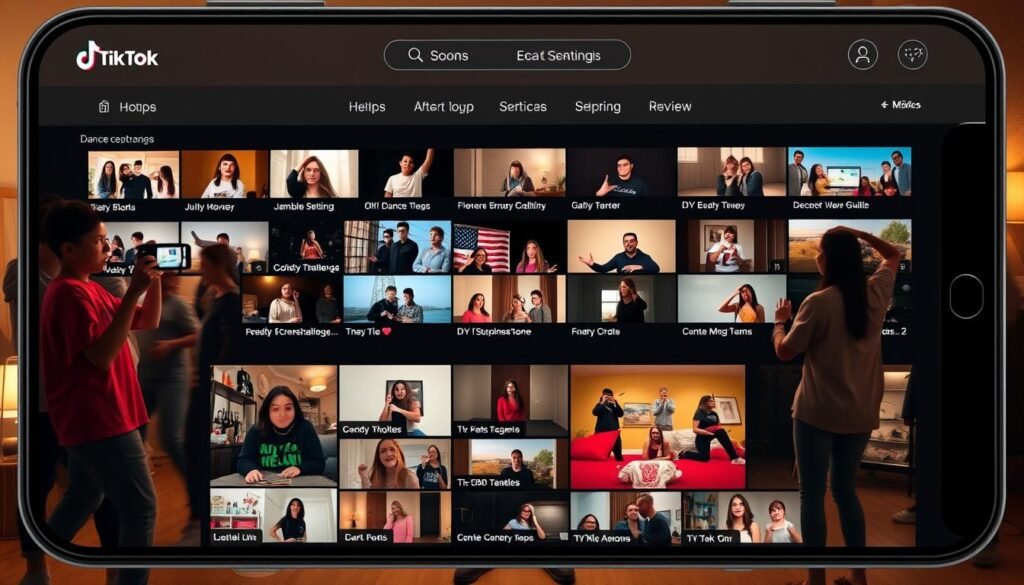 A TikTok feed filled with engaging, authentic content that captivates the viewer. In the foreground, a group of young creators film their latest dance challenge, their movements energetic and expressive. The middle ground showcases a diverse array of videos, from quirky comedy skits to educational DIY tutorials, all with a visually striking and visually cohesive aesthetic. In the background, a minimalist interface with clean lines and muted tones, allowing the content to take center stage. Warm, diffused lighting casts a soft glow, enhancing the intimate, relatable atmosphere. The overall scene conveys a sense of creativity, community, and the power of organic, user-generated content to captivate and convert.