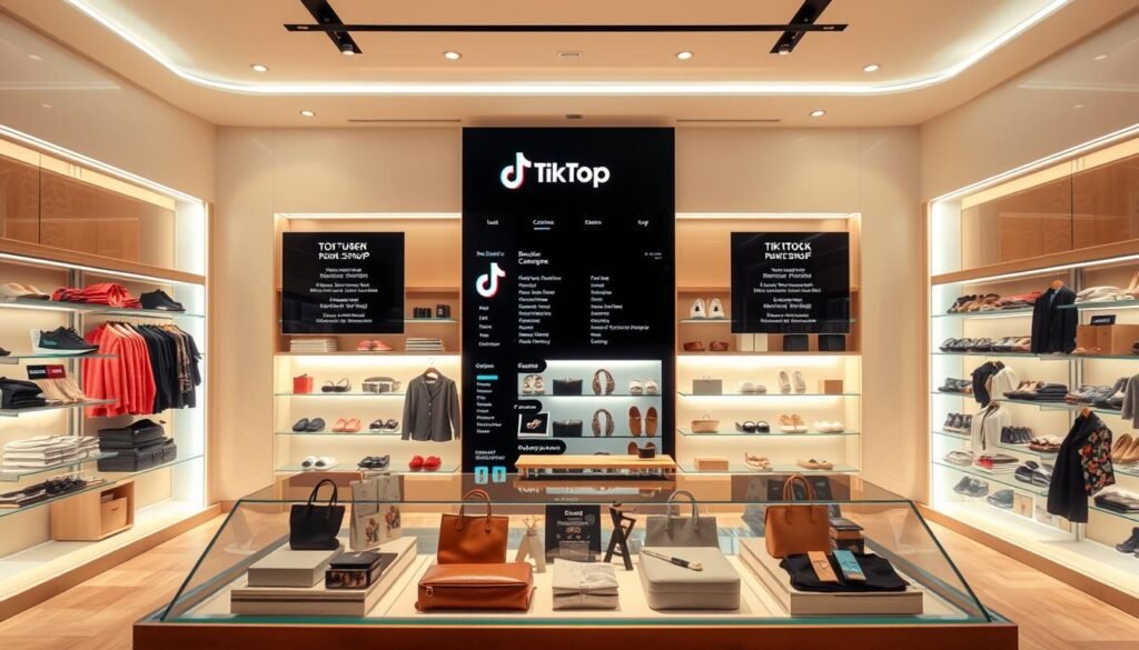 A brightly-lit, immersive scene of a sleek, modern TikTok Shop interface. In the foreground, a product display showcases a range of curated items, meticulously arranged with careful attention to detail. The middle ground features a user-friendly navigation menu, inviting viewers to explore the various categories and offerings. In the background, a warm, neutral-toned palette creates a sense of sophistication, complemented by subtle shadows and highlights that accentuate the clean, minimalist design. The overall atmosphere radiates a seamless blend of technology, retail, and the distinctive TikTok aesthetic, setting the stage for a harmonious e-commerce experience. A brightly-lit, immersive scene of a sleek, modern TikTok Shop interface. In the foreground, a product display showcases a range of curated items, meticulously arranged with careful attention to detail. The middle ground features a user-friendly navigation menu, inviting viewers to explore the various categories and offerings. In the background, a warm, neutral-toned palette creates a sense of sophistication, complemented by subtle shadows and highlights that accentuate the clean, minimalist design. The overall atmosphere radiates a seamless blend of technology, retail, and the distinctive TikTok aesthetic, setting the stage for a harmonious e-commerce experience.