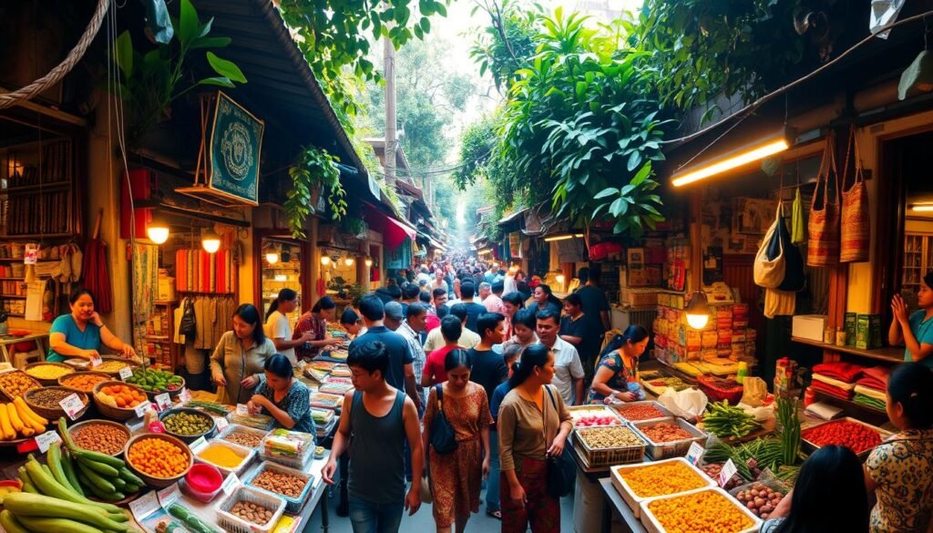 A bustling Indonesian market scene, captured with a wide-angle lens. In the foreground, vibrant stalls offer an array of local produce, handicrafts, and spices, their vendors engaged in lively transactions. The middle ground showcases the diverse crowd, a tapestry of traditional attire and animated interactions. In the background, a maze of narrow alleyways and lush foliage create an immersive, organic atmosphere. Warm, diffused lighting from the overhead sun casts a golden glow, evoking the welcoming ambiance of a Pasar, or traditional Indonesian marketplace. The overall composition reflects the dynamic energy, cultural richness, and deep-rooted traditions that define the essence of the Indonesian shopping experience.