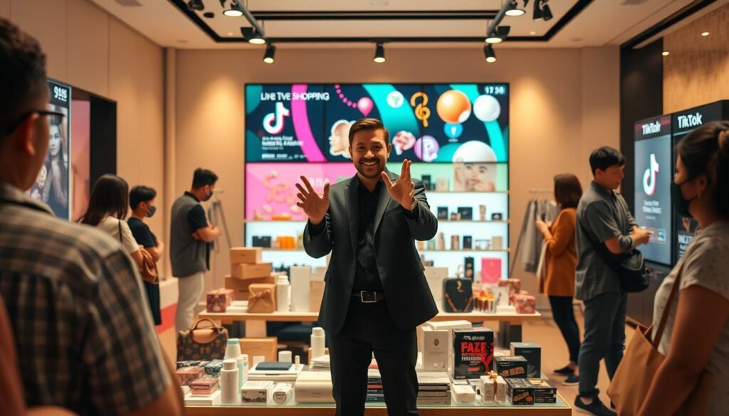 A bustling TikTok live shopping scene unfolds, showcasing a modern e-commerce experience. In the foreground, a charismatic host captivates the audience, dynamically presenting a variety of products against a sleek, minimalist backdrop. The middle ground features an array of visually appealing items, meticulously arranged to showcase their features and benefits. In the background, a vibrant, colorful TikTok interface with interactive elements creates a sense of immersion and real-time engagement. Warm, soft lighting bathes the scene, enhancing the inviting ambiance and highlighting the seamless integration of social media and commerce.