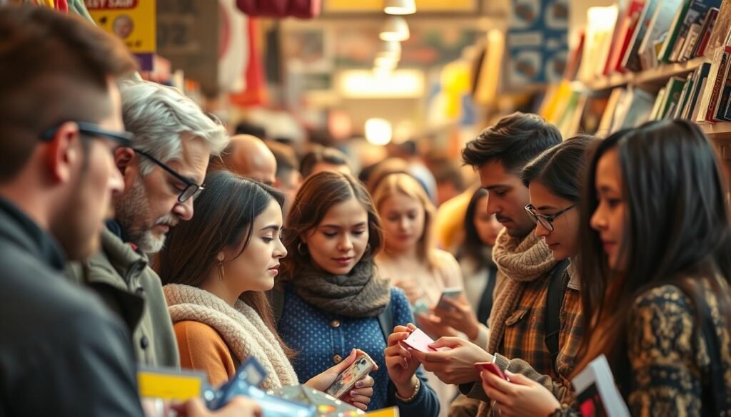 A bustling marketplace filled with diverse consumers browsing an array of products, their faces and gestures conveying a sense of focused engagement. The scene is bathed in warm, natural lighting, captured with a crisp, high-resolution lens that highlights the intricate details of the consumers' expressions and the vibrant colors of the merchandise. The background is slightly blurred, drawing the viewer's attention to the foreground where the consumers interact with the products, their body language and facial cues reflecting the decision-making process. An atmosphere of lively activity and anticipation pervades the image, reflecting the excitement and potential of the live shopping experience.