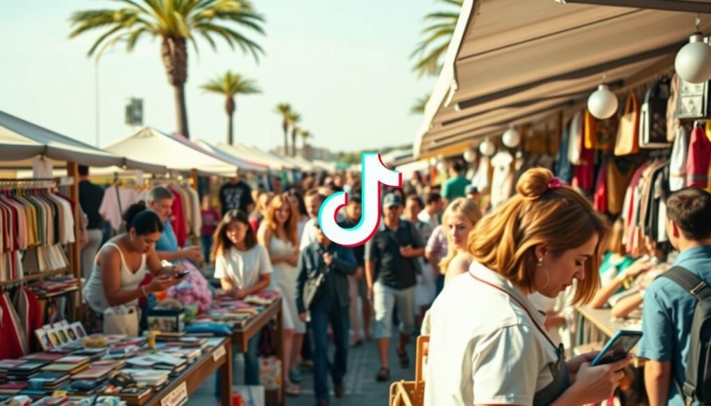 A bustling open-air marketplace showcasing a vibrant social commerce landscape. In the foreground, dynamic displays of various products are showcased by enthusiastic vendors, their faces aglow with the warm afternoon sunlight. In the middle ground, groups of engaged customers browse the stalls, phones in hand, capturing the lively atmosphere. The background features a stylish TikTok logo, subtly integrated into the scene, highlighting the seamless integration of social media and e-commerce. The overall mood is one of energy, connection, and the boundless potential of small businesses thriving in the digital age.