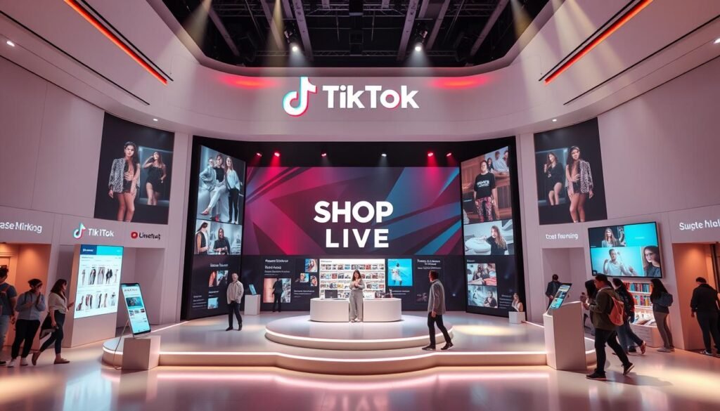 A bustling platform showcasing the dynamic TikTok Shop LIVE experience, with a sleek and modern design. The interface features a central display stage, surrounded by interactive product carousels, real-time audience engagement tools, and immersive live-streamed content. Soft, directional lighting illuminates the scene, creating a vibrant and engaging atmosphere. The composition emphasizes the platform's intuitive user experience, seamlessly blending visual elements to showcase the potential for social commerce integration on the TikTok ecosystem. A bustling platform showcasing the dynamic TikTok Shop LIVE experience, with a sleek and modern design. The interface features a central display stage, surrounded by interactive product carousels, real-time audience engagement tools, and immersive live-streamed content. Soft, directional lighting illuminates the scene, creating a vibrant and engaging atmosphere. The composition emphasizes the platform's intuitive user experience, seamlessly blending visual elements to showcase the potential for social commerce integration on the TikTok ecosystem.