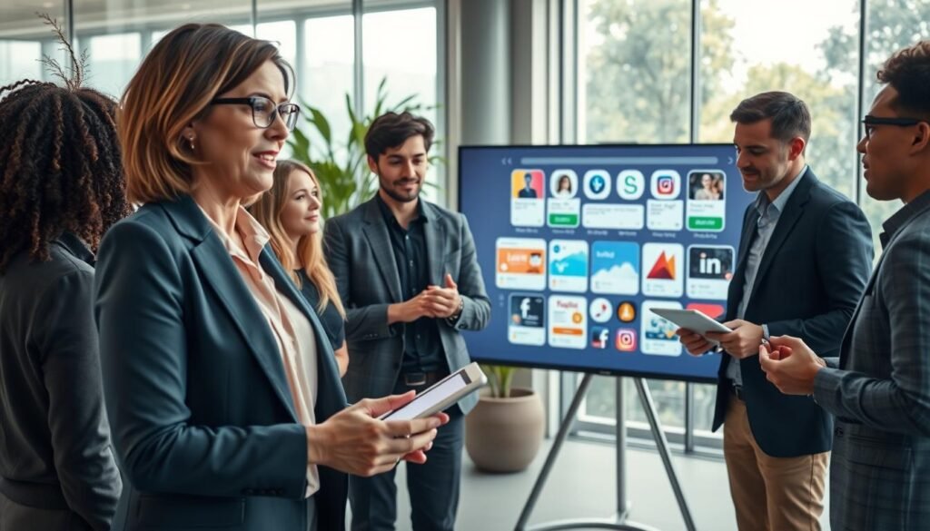 A dynamic scene depicting a diverse group of professionals engaged in a vibrant discussion about branding and community loyalty. In the foreground, a middle-aged woman in smart business attire enthusiastically presents ideas, while a young man in casual yet professional clothing takes notes on a tablet. The middle ground features a large screen displaying various social media platforms and live shopping interfaces, symbolizing the digital commerce opportunities. The background showcases a modern office environment with glass walls, greenery, and soft, natural lighting filtering in. The atmosphere is collaborative and energetic, conveying the importance of building a loyal brand community. The lens captures the scene in a wide angle, emphasizing teamwork and innovation.