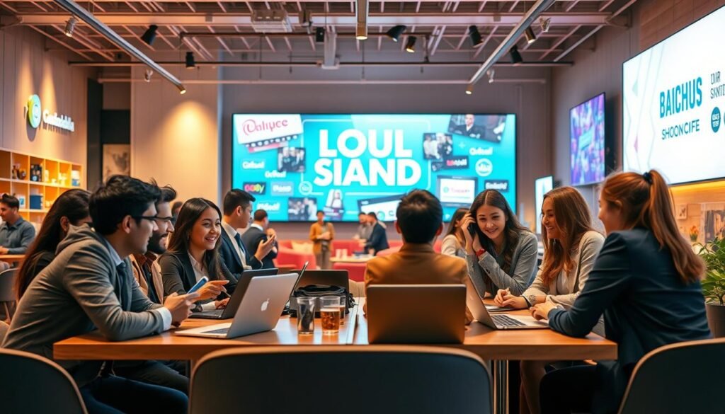 A dynamic scene illustrating the concept of building a loyal community brand in a digital age. In the foreground, a diverse group of enthusiastic young adults, dressed in professional business attire, are engaging in animated discussion while working on laptops and tablets at a modern café setting. The middle ground features an open space with a vibrant display of brand elements, showcasing logos and product visuals, symbolizing community connection. In the background, a large screen displays a live shopping event, with diagonal lighting illuminating the space and creating a warm, inviting atmosphere. The overall mood is optimistic and collaborative, emphasizing growth and connection in the bustling world of social commerce. The perspective is slightly elevated, capturing the vibrancy of the community atmosphere without any text or distractions.
