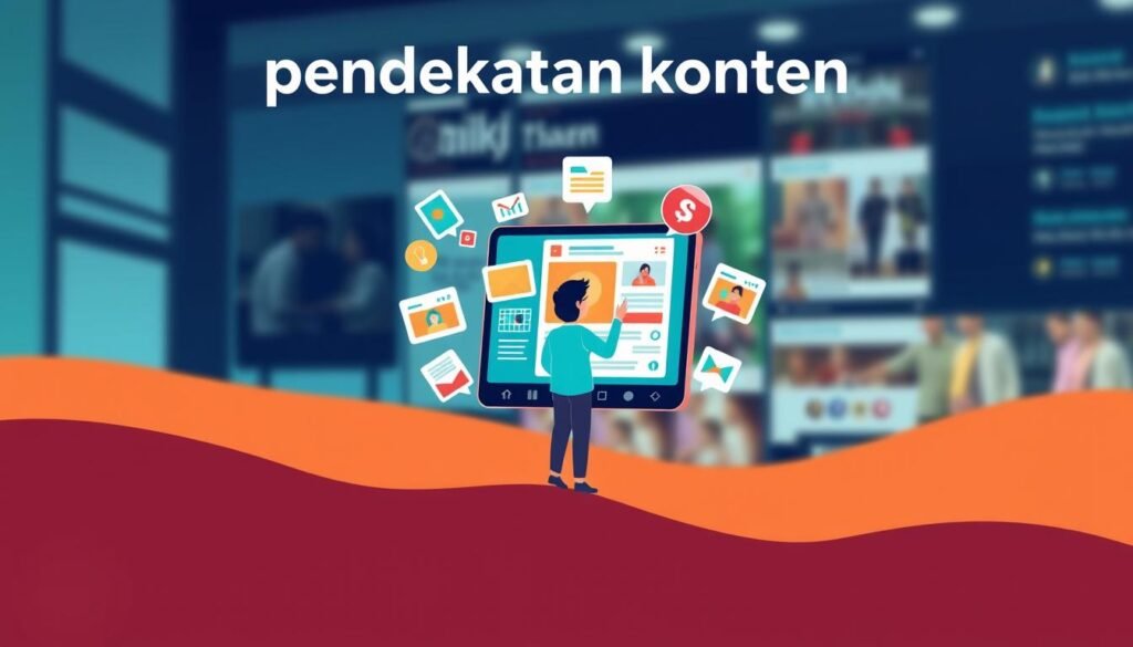 A dynamic, vibrant illustration showcasing the concept of "pendekatan konten" for UMKM marketing on TikTok. Set in a modern, minimalist digital landscape, the foreground features a central figure representing a small business owner, engaged in creating and curating content on a stylized TikTok interface. The middle ground showcases various social media elements and tools, including video, image, and text overlays, symbolizing the diverse content strategies available. The background depicts a blurred, immersive TikTok feed, emphasizing the platform's engaging, fast-paced nature. The overall composition conveys a sense of energy, creativity, and the synergy between UMKM and the powerful, visually-driven world of TikTok marketing.