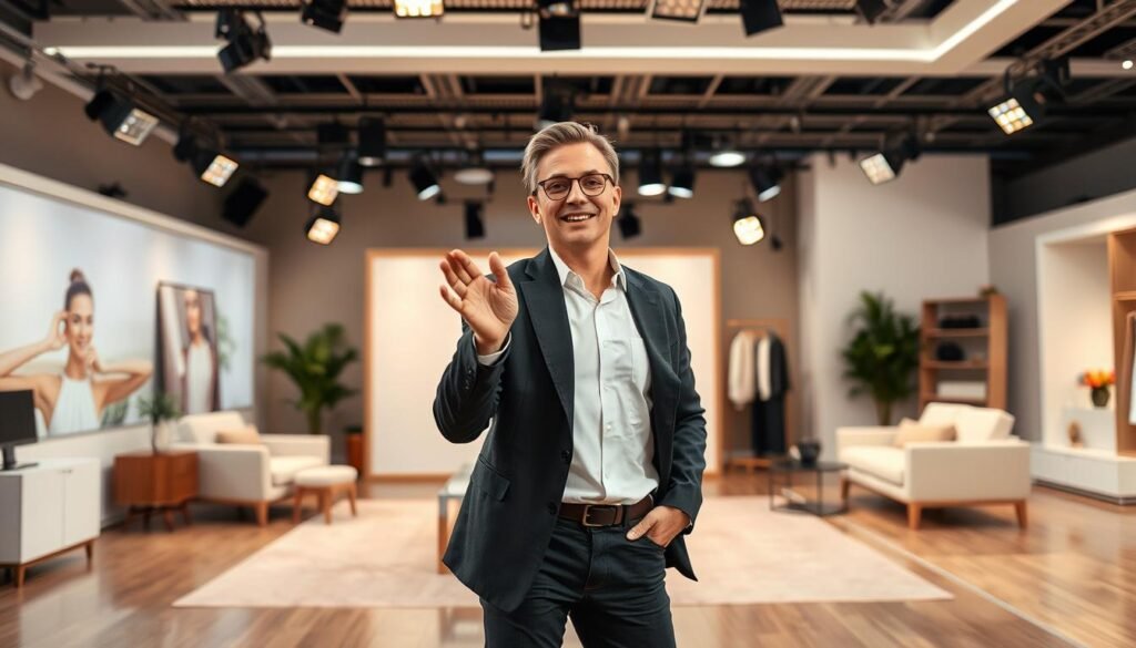 A dynamic, well-lit studio setting with a charismatic host engaging in a live shopping presentation. The host, dressed in stylish and modern attire, stands confidently in the center of the frame, gesturing enthusiastically and making eye contact with the camera. In the background, a clean, minimalist set design with sleek, contemporary furnishings and a warm, neutral color palette creates a visually appealing and inviting atmosphere. Soft, directional lighting from multiple angles accentuates the host's features and creates a sense of depth and dimension. The overall composition and styling convey a sense of professionalism, energy, and a genuine connection between the host and their audience. A dynamic, well-lit studio setting with a charismatic host engaging in a live shopping presentation. The host, dressed in stylish and modern attire, stands confidently in the center of the frame, gesturing enthusiastically and making eye contact with the camera. In the background, a clean, minimalist set design with sleek, contemporary furnishings and a warm, neutral color palette creates a visually appealing and inviting atmosphere. Soft, directional lighting from multiple angles accentuates the host's features and creates a sense of depth and dimension. The overall composition and styling convey a sense of professionalism, energy, and a genuine connection between the host and their audience.