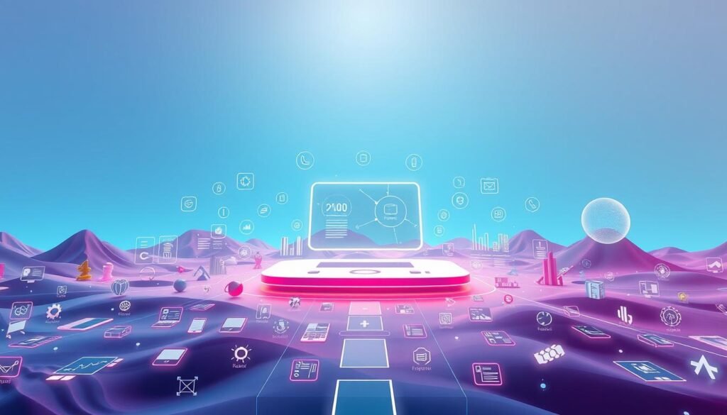 A futuristic, digital landscape showcasing an array of platform features and product offerings. A central platform with sleek, minimalist design takes center stage, surrounded by various dynamic icons and interactive elements. The foreground depicts a diverse range of product categories, while the middle ground features seamless user interface components. The background is a vibrant, gradient-based environment, evoking a sense of technological advancement and innovation. Soft, directional lighting emphasizes the platform's modern, cutting-edge aesthetic. The overall composition conveys a cohesive, visually compelling representation of the platforms and features discussed in the article.