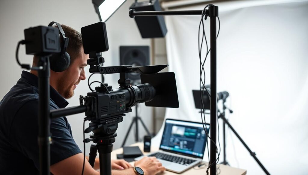 A live streaming studio setup featuring a man, presumably "Tim", intently operating various streaming equipment and devices. The scene is well-lit, with a professional-grade camera, microphone, and lighting rig in the foreground. In the middle ground, a laptop displays streaming software, while the background showcases a clean, minimalist backdrop, creating a focused, productive atmosphere. The composition emphasizes efficiency, organization, and the technical mastery required for effective live online product demonstrations by small and medium-sized businesses.