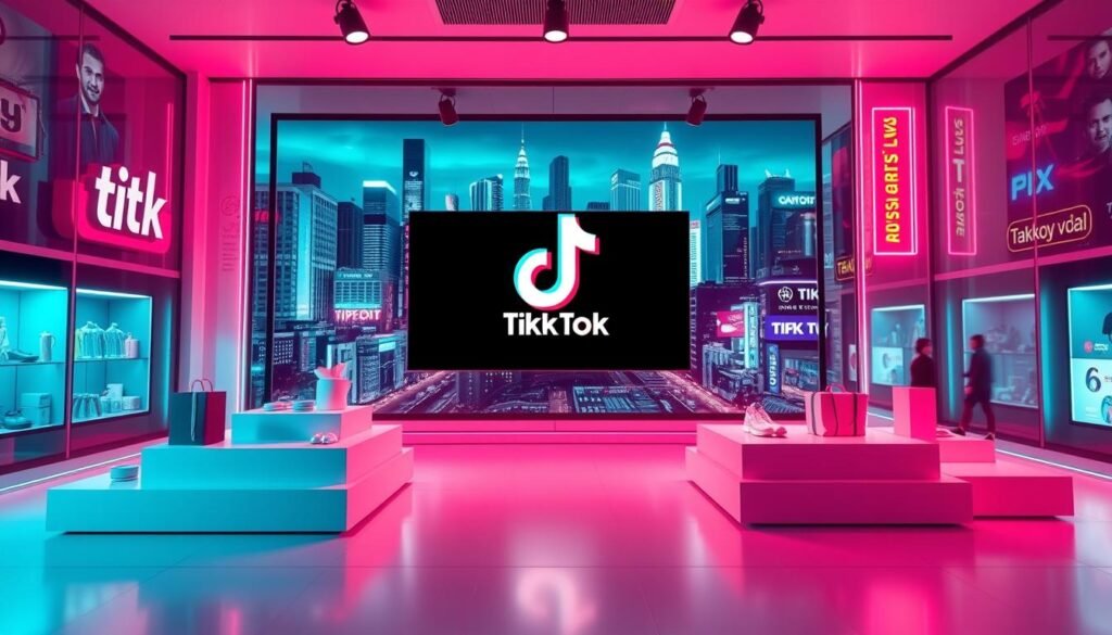 A lively and visually engaging TikTok-inspired e-commerce storefront, set against a vibrant, neon-tinged backdrop. The foreground features a sleek, minimalist product display with various items showcased on floating platforms, bathed in a cool, futuristic lighting scheme. The middle ground showcases a dynamic, full-screen video feed, emulating the TikTok interface, with a subtle Tokopedia logo integration. In the background, a bustling, digitally-rendered cityscape unfolds, complete with skyscrapers, neon signage, and a sense of urban energy. The overall scene conveys a modern, tech-savvy aesthetic that seamlessly blends the worlds of social media, e-commerce, and the emerging live shopping experience.
