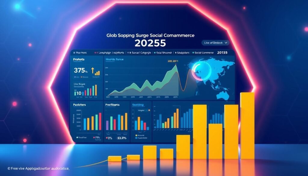 A modern and dynamic data visualization depicting the global surge in live shopping and social commerce trends for 2025. A sleek, minimalist data dashboard with vibrant, intuitive charts and graphs showcasing the key growth metrics and market insights. The foreground features a clean, high-contrast layout with elegant typography and clear data points. The middle ground introduces dynamic, pulsating animations highlighting the exponential rise of live shopping adoption and social commerce integration across diverse product categories. The background sets a futuristic, tech-savvy ambiance with subtle hexagonal patterns, gradient effects, and a cool color palette to convey the data-driven, digital-forward nature of this emerging market opportunity.