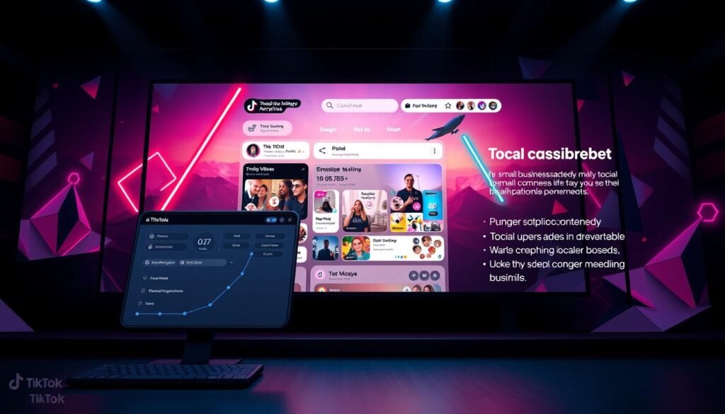 A modern and dynamic digital interface showcasing the key features of the TikTok platform. In the foreground, a sleek and intuitive control panel with customizable settings and analytics tools. In the middle ground, a vibrant feed of trending videos, engaging user interactions, and powerful algorithm-driven recommendations. In the background, a stylized landscape of geometric shapes, neon accents, and a pulsing energy that captures the excitement and potential of social commerce on TikTok. Cinematic lighting illuminates the scene, casting dramatic shadows and highlights that draw the viewer's attention to the versatile features and opportunities for small businesses to thrive on this dynamic social media platform. A modern and dynamic digital interface showcasing the key features of the TikTok platform. In the foreground, a sleek and intuitive control panel with customizable settings and analytics tools. In the middle ground, a vibrant feed of trending videos, engaging user interactions, and powerful algorithm-driven recommendations. In the background, a stylized landscape of geometric shapes, neon accents, and a pulsing energy that captures the excitement and potential of social commerce on TikTok. Cinematic lighting illuminates the scene, casting dramatic shadows and highlights that draw the viewer's attention to the versatile features and opportunities for small businesses to thrive on this dynamic social media platform.