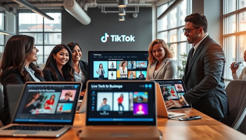 A modern office environment showcasing business professionals engaged with TikTok for Business features. In the foreground, a diverse group of three individuals, two women and one man, dressed in professional business attire, enthusiastically discussing a TikTok strategy. They are surrounded by laptops displaying the TikTok interface, emphasizing live shopping and social commerce tools. In the middle, a large screen showcases vibrant TikTok content, including product demos and live shopping animations. The background features a modern workspace with a blend of technology and creativity, soft natural lighting streaming through large windows, casting a warm glow. The mood is dynamic and innovative, capturing the essence of leveraging social media for business growth.