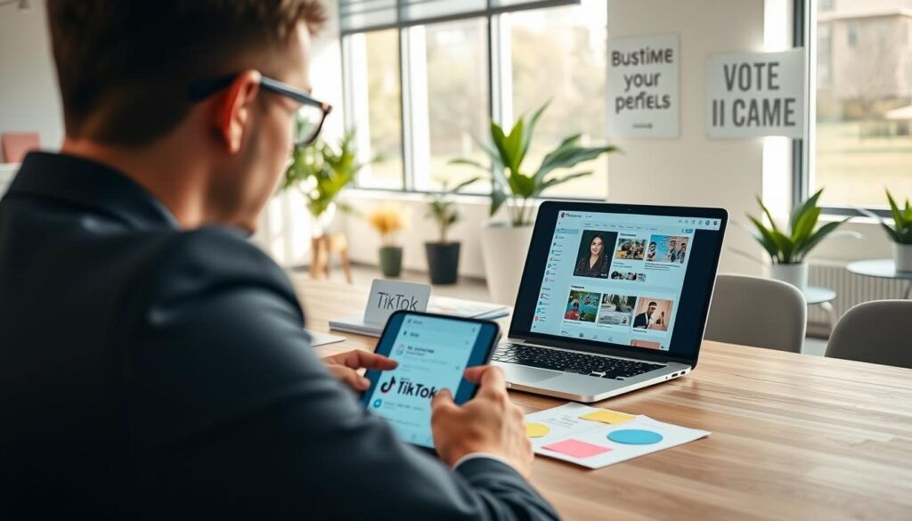 A professional workspace for setting up a TikTok Business Account, featuring a sleek modern desk with a laptop opened to the TikTok app interface. In the foreground, a person in smart business attire, focused on the laptop, showing various TikTok business tools on the screen. The middle layer includes a smartphone displaying a TikTok profile ready for a business setup, surrounded by business strategy documents and colorful sticky notes. In the background, a bright, inviting office space with soft natural light filtering through large windows, plants, and motivational quotes on the walls, evoking a mood of creativity and entrepreneurship. The lens captures the scene at a mid-range angle, providing depth and clarity to the workspace, enhancing the atmosphere of professionalism and opportunity.
