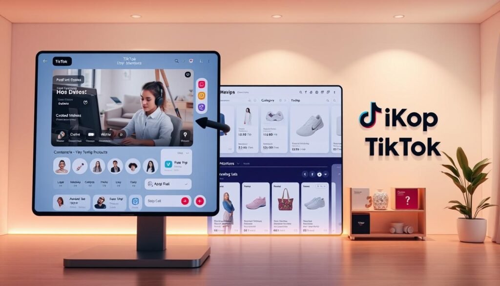 A sleek and modern TikTok Shop interface, showcasing a variety of product categories and live streaming options. The foreground features a large live video player, surrounded by interactive shopping widgets and a seamless checkout process. The middle ground presents a curated selection of trending products, with detailed product information and reviews. The background depicts a minimalist and clean design, with subtle TikTok branding elements and a soft, warm lighting that creates a welcoming atmosphere. The overall composition conveys the convenience, interactivity, and immersive experience of TikTok's live shopping features, catering to the needs of small and medium-sized businesses. A sleek and modern TikTok Shop interface, showcasing a variety of product categories and live streaming options. The foreground features a large live video player, surrounded by interactive shopping widgets and a seamless checkout process. The middle ground presents a curated selection of trending products, with detailed product information and reviews. The background depicts a minimalist and clean design, with subtle TikTok branding elements and a soft, warm lighting that creates a welcoming atmosphere. The overall composition conveys the convenience, interactivity, and immersive experience of TikTok's live shopping features, catering to the needs of small and medium-sized businesses.