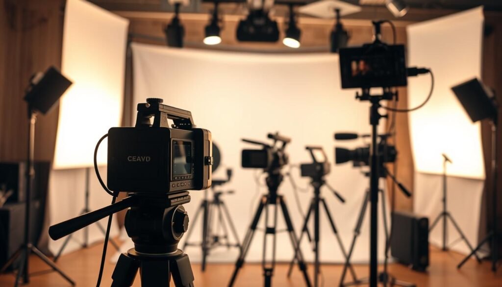 A studio set with a professional video production setup. Warm, soft lighting illuminates the scene, casting a cozy ambiance. In the foreground, a high-quality camera mounted on a sturdy tripod, its lens focused on the action. Behind it, a clean white backdrop provides a minimalist, distraction-free canvas. In the middle ground, an array of professional-grade video and audio equipment - microphones, lighting, and production gear - arranged with meticulous precision. The overall composition conveys a sense of care, attention to detail, and a commitment to delivering exceptional video quality.