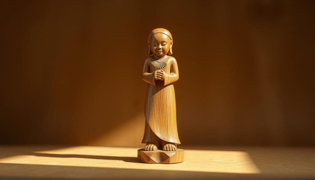 A tranquil, hand-carved wooden sculpture depicting the concept of "kepercayaan" (trust). The intricately detailed figure stands tall, its serene expression conveying a sense of balance, stability, and reliability. Soft, warm lighting casts gentle shadows, highlighting the smooth textures and natural grain of the wood. The sculpture is positioned against a muted, earthy background, allowing the central subject to take center stage and radiate a feeling of unwavering confidence and dependability. The overall composition exudes a sense of solidity, trustworthiness, and the foundational pillars necessary for sustainable growth and success.
