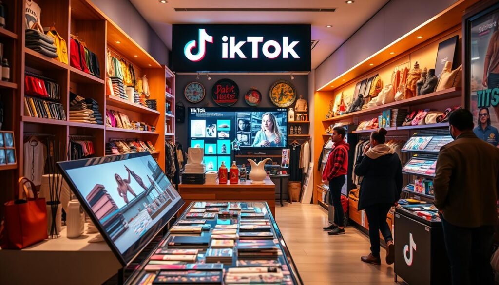 A vibrant TikTok shop showcasing an array of diverse products. The foreground features a sleek, modern display counter with various items neatly arranged, inviting shoppers to browse. The middle ground showcases the shop's digital screens, displaying engaging content and product highlights, drawing the viewer's attention. The background captures the lively atmosphere of the TikTok community, with a hint of trendy decor and vibrant lighting that sets the mood for a seamless social commerce experience. Warm, soft lighting illuminates the scene, creating a welcoming ambiance that reflects the shop's focus on connecting with its target audience through the power of social media.
