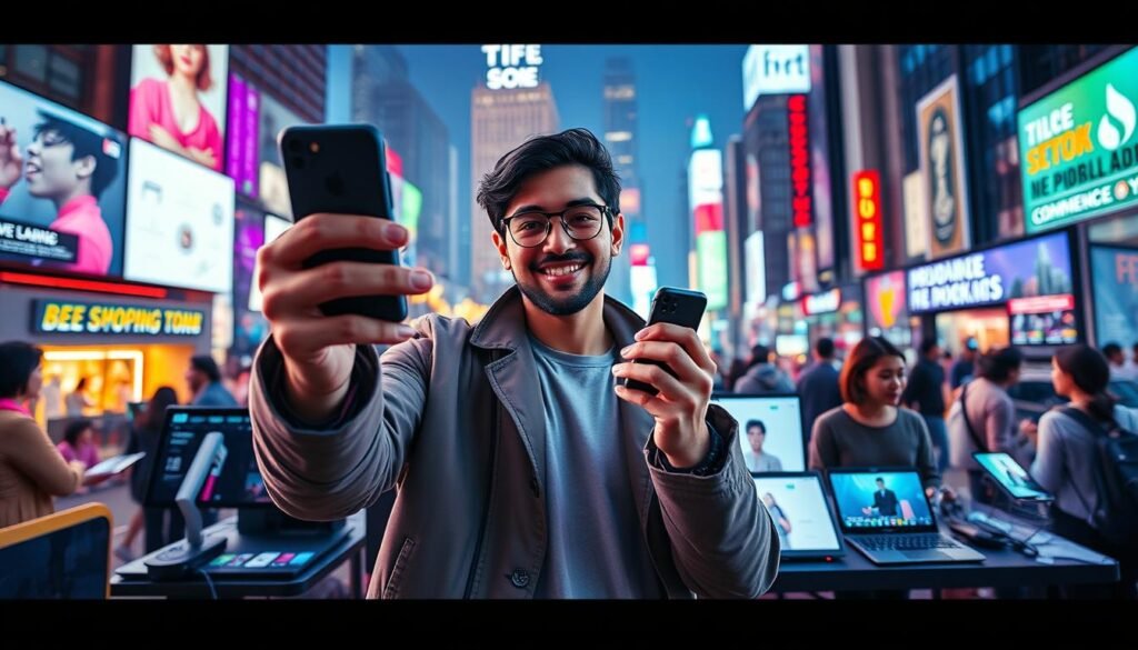 A vibrant and dynamic scene showcasing the process of promoting a product in the era of social commerce. In the foreground, a stylishly dressed influencer enthusiastically demonstrates the key features of a modern, sleek product, captured with a cinematic wide-angle lens in soft, warm lighting. The middle ground features an array of digital devices and platforms, seamlessly integrating the product's promotion through TikTok live shopping, product teasers, and a streamlined checkout experience. The background depicts a visually striking urban setting, with a neon-lit city skyline and a bustling social media landscape, emphasizing the immersive, connected nature of the modern retail landscape. The overall atmosphere radiates energy, innovation, and the power of social commerce to connect brands with their audience. A vibrant and dynamic scene showcasing the process of promoting a product in the era of social commerce. In the foreground, a stylishly dressed influencer enthusiastically demonstrates the key features of a modern, sleek product, captured with a cinematic wide-angle lens in soft, warm lighting. The middle ground features an array of digital devices and platforms, seamlessly integrating the product's promotion through TikTok live shopping, product teasers, and a streamlined checkout experience. The background depicts a visually striking urban setting, with a neon-lit city skyline and a bustling social media landscape, emphasizing the immersive, connected nature of the modern retail landscape. The overall atmosphere radiates energy, innovation, and the power of social commerce to connect brands with their audience.