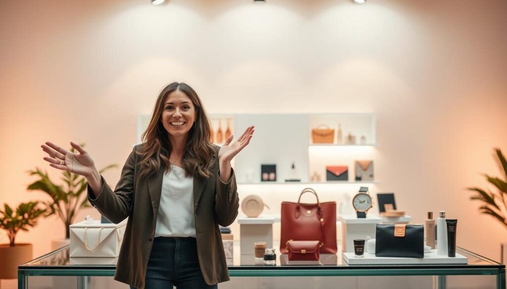 A vibrant and engaging live shopping session, set against a minimalist backdrop with a warm, inviting ambiance. The foreground features a charismatic presenter, gesturing enthusiastically while showcasing a range of captivating products. The middle ground includes a sleek, modern display setup with clean lines and strategic lighting, drawing the viewer's attention to the merchandise. The background subtly blends soft, neutral tones, creating a sense of balance and professionalism. The overall mood is one of energy, expertise, and a genuine connection between the presenter and the audience, inviting them to participate in an immersive and successful shopping experience.