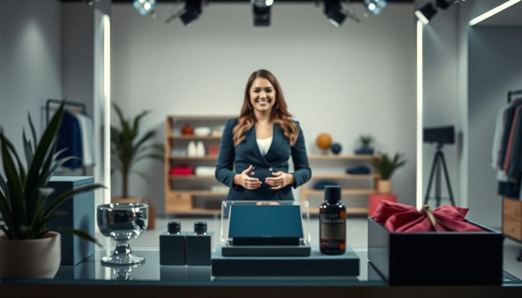 A vibrant and visually engaging live shopping scene set in a modern and minimalist studio environment. The foreground features a product display with a sleek, elegant product arrangement and natural lighting. The middle ground showcases a professional-looking host presenting the product, captured with a dynamic camera angle and a warm, inviting expression. The background is a softly blurred, neutral-toned space, allowing the product and host to take center stage. The overall aesthetic is polished, high-quality, and designed to maximize audience engagement and drive sales, reflecting the best practices for UMKM content strategy.