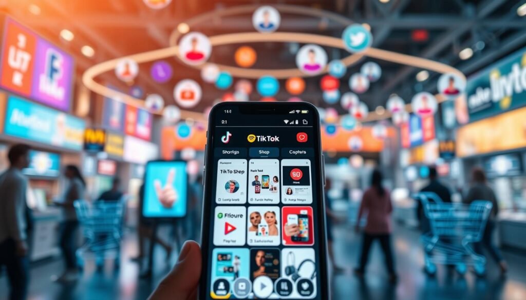 A vibrant digital marketplace showcasing various e-commerce platforms. In the foreground, a sleek smartphone displays the interfaces of TikTok Shop, Shopee Live, and other social media platforms, inviting users to explore the world of live shopping and social commerce. The middle ground features a dynamic arrangement of product icons, shopping carts, and user avatars, symbolizing the interconnectivity of these digital sales channels. The background is illuminated by a soft, warm glow, creating a sense of technological advancement and innovation. The overall composition conveys the strategic importance of platform selection for small and medium-sized businesses navigating the evolving e-commerce landscape. A vibrant digital marketplace showcasing various e-commerce platforms. In the foreground, a sleek smartphone displays the interfaces of TikTok Shop, Shopee Live, and other social media platforms, inviting users to explore the world of live shopping and social commerce. The middle ground features a dynamic arrangement of product icons, shopping carts, and user avatars, symbolizing the interconnectivity of these digital sales channels. The background is illuminated by a soft, warm glow, creating a sense of technological advancement and innovation. The overall composition conveys the strategic importance of platform selection for small and medium-sized businesses navigating the evolving e-commerce landscape.