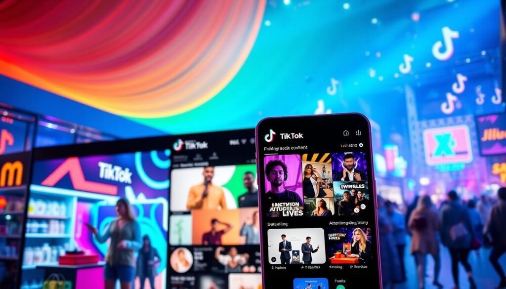 A vibrant, dynamic image showcasing the essence of a successful UMKM content strategy on TikTok. In the foreground, a visually engaging live shopping session, with a charismatic host showcasing products against a backdrop of pulsing lights and energetic graphics. In the middle ground, a curated feed of attention-grabbing TikTok content, highlighting the power of social commerce and engaging storytelling. In the background, a bustling TikTok ecosystem, filled with dancing figures, trending hashtags, and the pulsing energy of the platform. The image conveys a sense of excitement, interactivity, and the potential for UMKM businesses to thrive through dynamic content and live shopping experiences on TikTok. A vibrant, dynamic image showcasing the essence of a successful UMKM content strategy on TikTok. In the foreground, a visually engaging live shopping session, with a charismatic host showcasing products against a backdrop of pulsing lights and energetic graphics. In the middle ground, a curated feed of attention-grabbing TikTok content, highlighting the power of social commerce and engaging storytelling. In the background, a bustling TikTok ecosystem, filled with dancing figures, trending hashtags, and the pulsing energy of the platform. The image conveys a sense of excitement, interactivity, and the potential for UMKM businesses to thrive through dynamic content and live shopping experiences on TikTok.