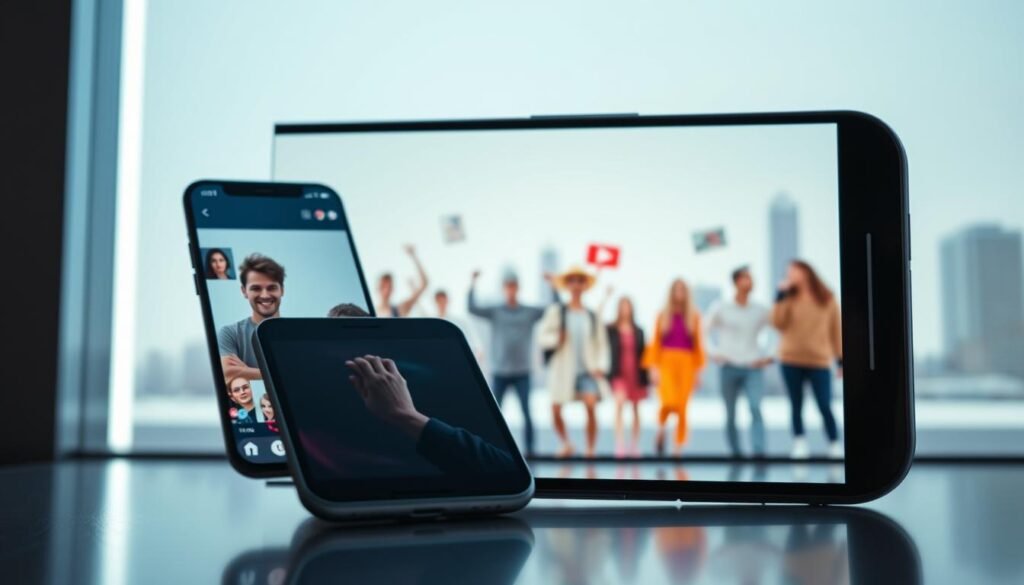 A vibrant, eye-catching image of short-form video content, capturing the essence of social media trends. In the foreground, a smartphone displays a sleek, modern interface with engaging visuals and intuitive controls, hinting at the dynamic nature of TikTok-style platforms. The middle ground features a diverse array of content creators, each with a distinct style and energy, showcasing the platform's potential for self-expression and creativity. The background subtly hints at the global reach and interconnectivity of these social media platforms, with a minimalist cityscape or abstract digital landscape. The lighting is crisp and directional, casting subtle shadows and highlights to accentuate the digital aesthetic. The overall mood is one of excitement, innovation, and the boundless possibilities of short-form video content.