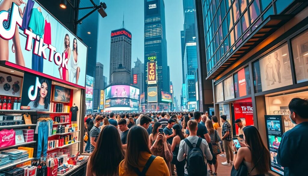 A vibrant, immersive TikTok shopping scene. In the foreground, a trendy online storefront with colorful product displays, enticing signage, and dynamic video content capturing the attention of shoppers. The middle ground features a diverse crowd of mobile-wielding customers, browsing, interacting, and engaging with the store's live stream. The background showcases a bustling urban landscape, with skyscrapers, neon lights, and the energetic atmosphere of a thriving commercial district. The lighting is warm and inviting, creating a sense of excitement and anticipation. The camera angle is slightly elevated, providing a comprehensive view of the seamless integration of social media and e-commerce.