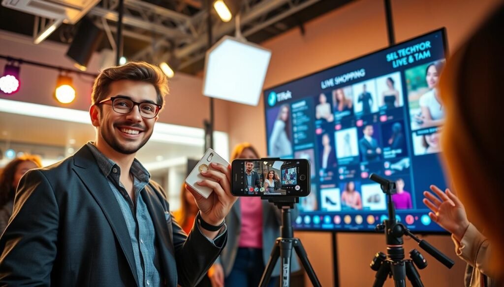 A vibrant live shopping TikTok scene, showcasing a charismatic presenter engaging with an enthusiastic online audience. In the foreground, the presenter, dressed in smart casual attire, holds stylish products up to the camera, showcasing their features with excitement. The middle ground includes a sleek studio setup with multiple bright, colorful lights illuminating the space, and a smartphone on a tripod recording the session. In the background, a large screen displays a dynamic TikTok interface filled with product images and live comments, creating an interactive atmosphere. The lighting is bright and inviting, with a warm color palette to enhance the engaging mood. The angle captures both the presenter’s expressions and the interaction with virtual viewers, emphasizing the lively essence of social commerce in action.