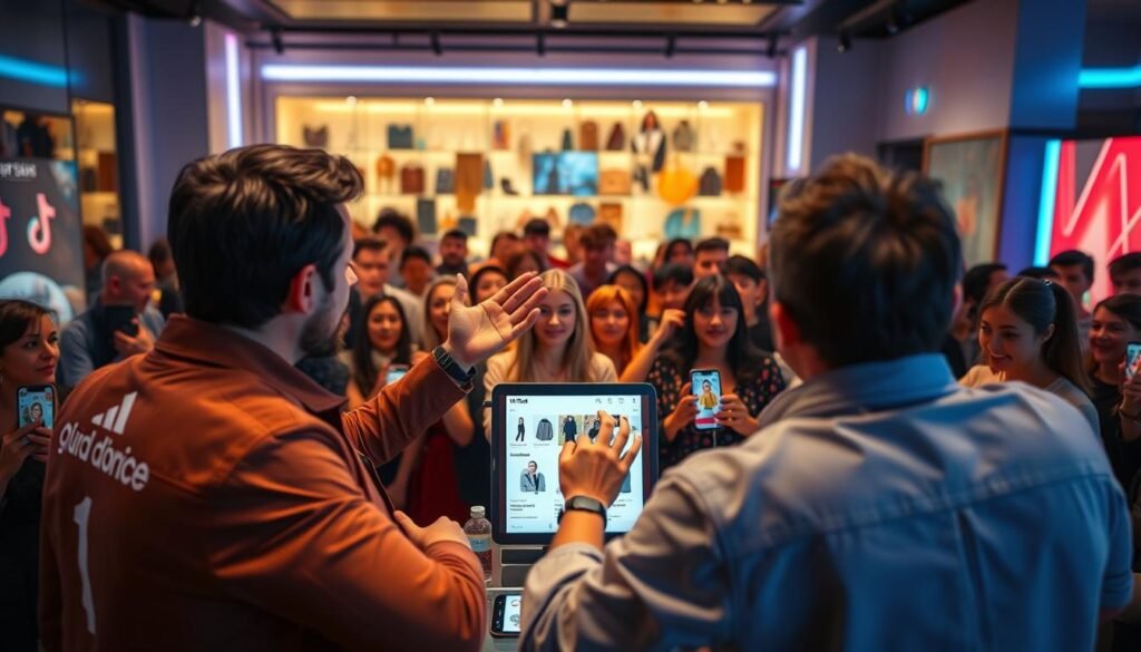 A vibrant live shopping scene set in a contemporary social media platform like TikTok. In the foreground, a charismatic host gestures enthusiastically while demonstrating a range of trending products. The middle ground features a lively audience of engaged customers, their faces lit by the warm glow of their smartphone screens. In the background, a sleek, minimalist interface showcases product information and interactive shopping tools. The overall atmosphere is dynamic, immersive, and optimized for social commerce, capturing the essence of integrating live shopping into a TikTok marketing strategy. A vibrant live shopping scene set in a contemporary social media platform like TikTok. In the foreground, a charismatic host gestures enthusiastically while demonstrating a range of trending products. The middle ground features a lively audience of engaged customers, their faces lit by the warm glow of their smartphone screens. In the background, a sleek, minimalist interface showcases product information and interactive shopping tools. The overall atmosphere is dynamic, immersive, and optimized for social commerce, capturing the essence of integrating live shopping into a TikTok marketing strategy.