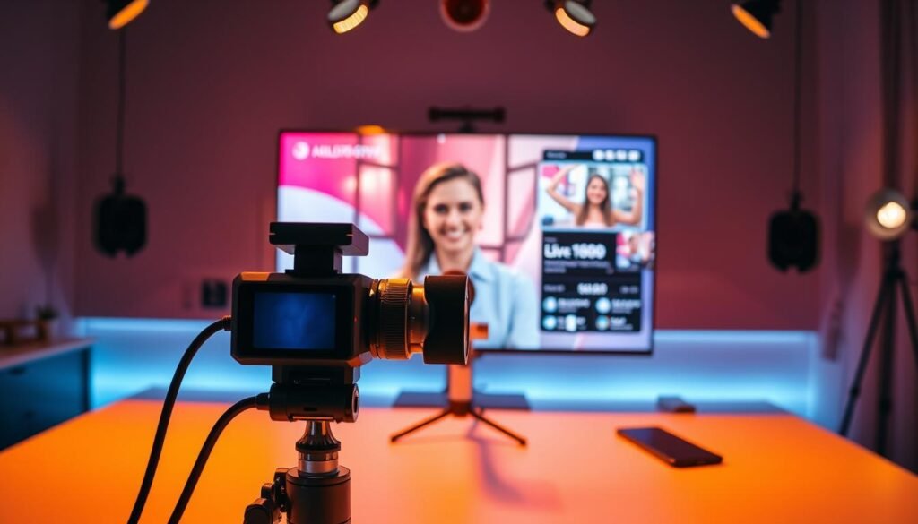 A vibrant live streaming setup, illuminated by soft, warm lighting that creates a cozy, inviting atmosphere. In the foreground, a high-quality webcam captures the presenter's engaging expression, framed by a minimalist desktop with a sleek, modern design. The middle ground features a professional-grade microphone and a clean, clutter-free backdrop, allowing the viewer's focus to remain on the on-screen content. In the background, a large monitor displays a visually striking, well-designed interface, showcasing the live stream in full HD resolution, captivating the audience with its visual appeal and technical excellence. A vibrant live streaming setup, illuminated by soft, warm lighting that creates a cozy, inviting atmosphere. In the foreground, a high-quality webcam captures the presenter's engaging expression, framed by a minimalist desktop with a sleek, modern design. The middle ground features a professional-grade microphone and a clean, clutter-free backdrop, allowing the viewer's focus to remain on the on-screen content. In the background, a large monitor displays a visually striking, well-designed interface, showcasing the live stream in full HD resolution, captivating the audience with its visual appeal and technical excellence.