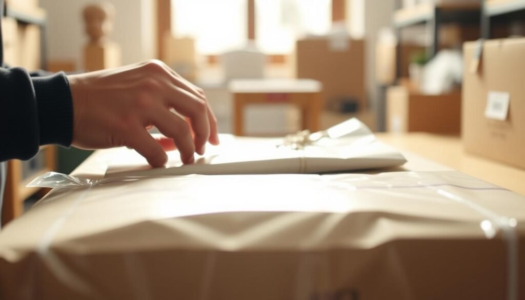 Detailed product demonstration video showcasing the process of packing an order for a TikTok live shopping event. Bright, natural lighting illuminates the foreground, with the packer's hands and the various packaging materials in focus. The middle ground features the product being carefully wrapped and labeled, while the background blurs out to emphasize the action. Warm, friendly atmosphere with a sense of efficiency and professionalism, aimed at inspiring viewers to participate in live shopping experiences. Tight framing and close-up shots capture the nuances of the packing process, making it visually engaging and informative.
