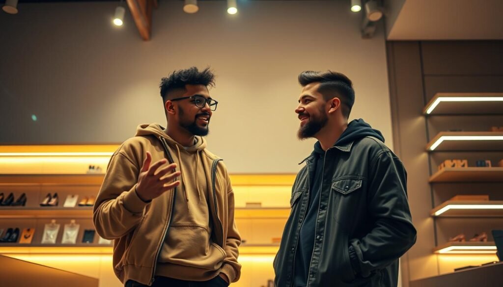 Dramatic, cinematic wide-angle shot of an influencer collaborating with a small business owner in a vibrant, modern retail space. The influencer, dressed in trendy streetwear, is standing alongside the business owner, gesturing animatedly as they discuss a new product line. Warm, soft lighting illuminates their faces, creating an atmosphere of creative energy and a sense of partnership. The background features minimalist shelves displaying the business's products, adding depth and context to the scene. The overall composition conveys the synergistic relationship between influencer marketing and small business growth.