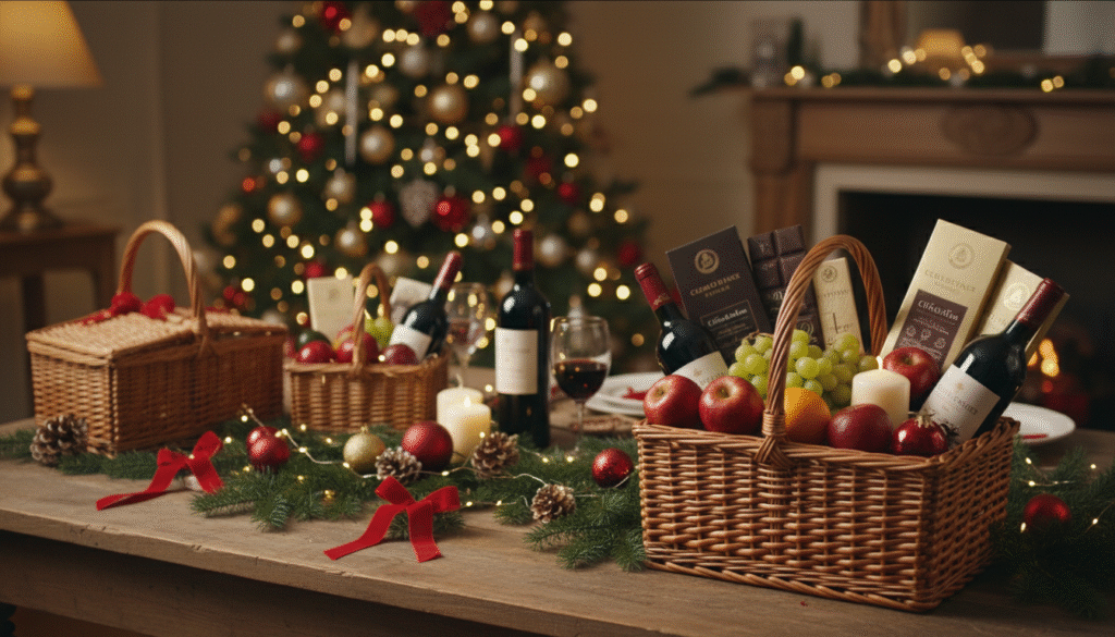 A beautifully arranged display of Christmas hampers, featuring a variety of festive items. In the foreground, an elegant wicker basket overflowing with gourmet treats, including artisanal chocolates, fine wines, seasonal fruits, and handmade candles. The middle ground showcases an inviting table setting adorned with twinkling fairy lights, pine branches, and decorative elements like red and gold ornaments. Soft, warm lighting casts a cozy glow over the scene, highlighting the textures of the hampers and the rich colors of the products. In the background, a softly blurred Christmas tree with shimmering ornaments creates a joyful atmosphere, evoking warmth and a spirit of giving. The composition should inspire feelings of joy and celebration, perfectly encapsulating the festive season.