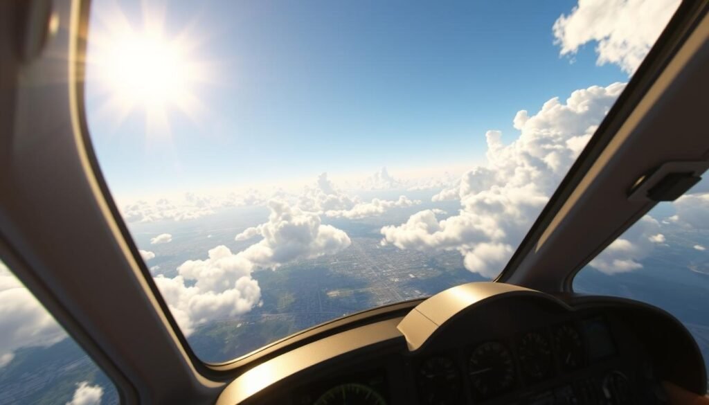 A breathtaking view from the cockpit of a modern aircraft soaring through a hyper-realistic sky in Microsoft Flight Simulator 2025. In the foreground, the interior of the cockpit is meticulously detailed, featuring advanced flight instruments and controls, with sunlight gleaming off the surfaces. The middle ground showcases fluffy white clouds, dynamically illuminated by the sun, creating a vibrant contrast against a deep blue sky. In the background, a stunning landscape unfolds, with sprawling cities, mountains, and rivers, all rendered in stunning detail to showcase next-gen graphics. The scene is bathed in warm, natural light, capturing the essence of a perfect flight day, evoking feelings of adventure and freedom in a meticulously crafted digital world.