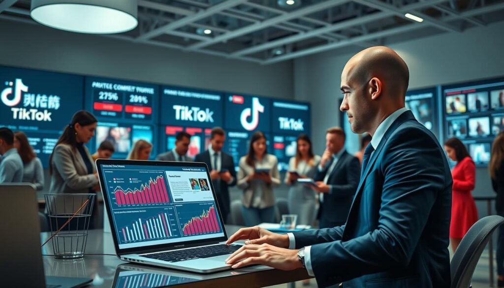A busy digital workspace depicting the competitive analysis of TikTok in 2025. In the foreground, a professional in smart business attire analyzes TikTok performance metrics on a sleek laptop, with graphs and charts glowing on the screen, showcasing key statistics and trends. The middle ground features a diverse group of colleagues engaged in discussion, some holding digital tablets, brainstorming strategies to tackle social commerce challenges. In the background, large wall screens display TikTok branding, live shopping visuals, and competitive analysis tools. The lighting is bright and modern, emanating a sense of innovation and collaboration. The atmosphere is dynamic and focused, highlighting the importance of adapting to digital competition on TikTok.