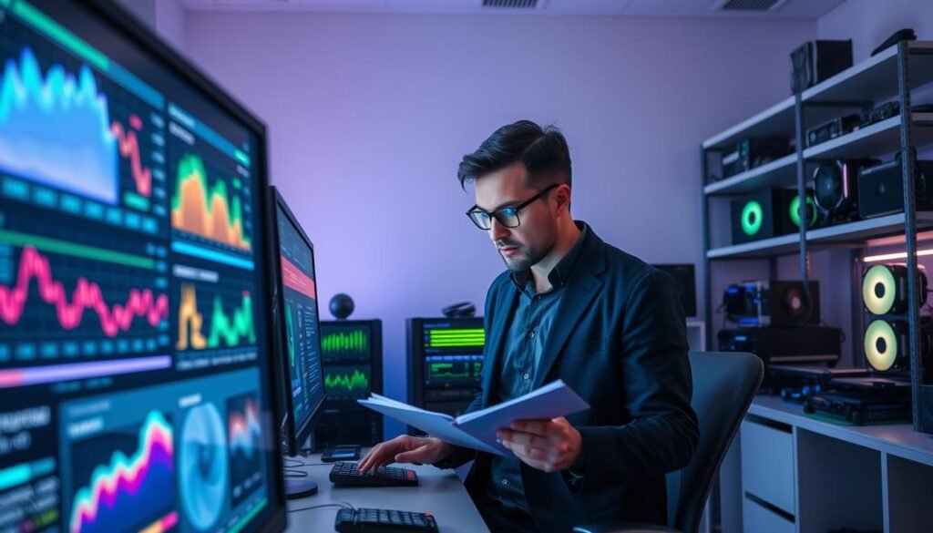 A detailed and vibrant interpretation of GPU testing results, showcasing a dynamic scene in a modern tech lab. In the foreground, a computer monitor displays colorful graphs and metrics related to GPU performance, with clear indications of temperatures, frame rates, and benchmarks, illuminated by soft blue and green LED lights. In the middle, a researcher in smart casual attire examines the data closely while taking notes, surrounded by high-tech equipment, graphics cards, and cooling systems. The background features a minimalist workspace with shelves holding advanced gaming setups and components. Soft, diffused lighting enhances the professional atmosphere, evoking a sense of innovation and analytical exploration. The overall mood is focused, conveying the meticulous nature of interpreting testing outcomes.