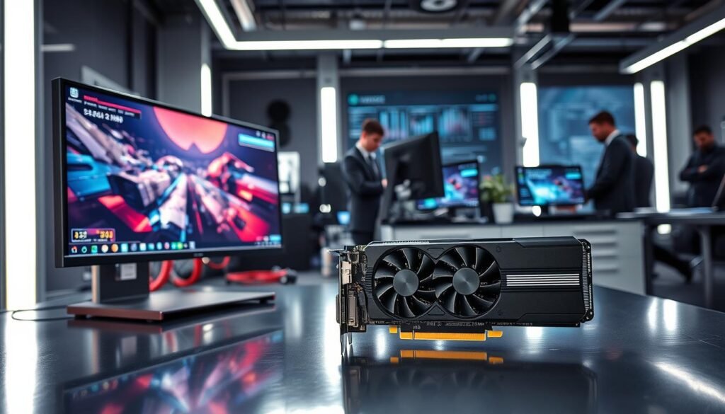 A dynamic scene showcasing a high-tech GPU testing setup in a modern, well-lit laboratory. In the foreground, an advanced GPU is displayed on a sleek, reflective surface with intricate cooling systems and cables exposed. To the left, a dedicated gaming monitor displays a high-intensity game graphics benchmark with vibrant colors and 3D visuals, emphasizing detailed textures. The middle ground features a workstation cluttered with sophisticated testing tools and software running diagnostic visuals, illuminated by soft white LEDs, creating a focused atmosphere. The background includes blurred silhouettes of engineers in professional business attire, deeply engaged in examining performance metrics, adding a sense of professionalism and urgency. The overall mood is intense yet innovative, capturing the essence of cutting-edge technology and rigorous testing environments.