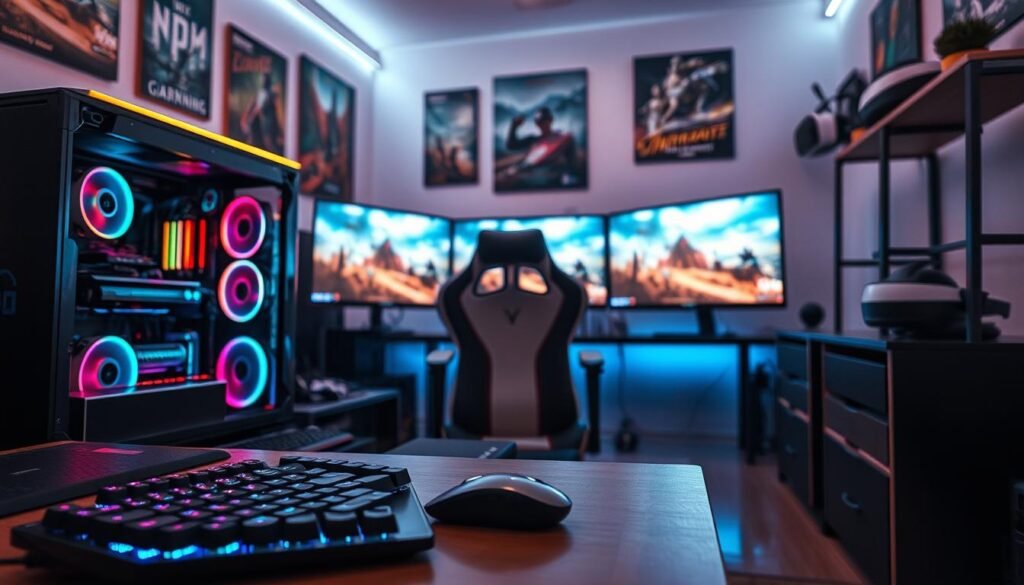 A high-tech gaming setup in a cozy room, featuring a powerful gaming PC with glowing RGB components and multiple monitors displaying vivid next-gen game graphics. The foreground shows a sleek gaming keyboard and mouse, while the middle features a comfortable gaming chair positioned in front of the monitors. In the background, stylish LED lighting casts a warm glow, enhancing the atmosphere. The room's decor includes gaming posters and a virtual reality headset on a shelf, creating an immersive vibe. The image is well-lit, showcasing sharp details, with a slight depth of field effect to emphasize the gaming elements. The scene conveys excitement and anticipation, perfectly embodying the concept of preparing for cutting-edge gaming experiences.