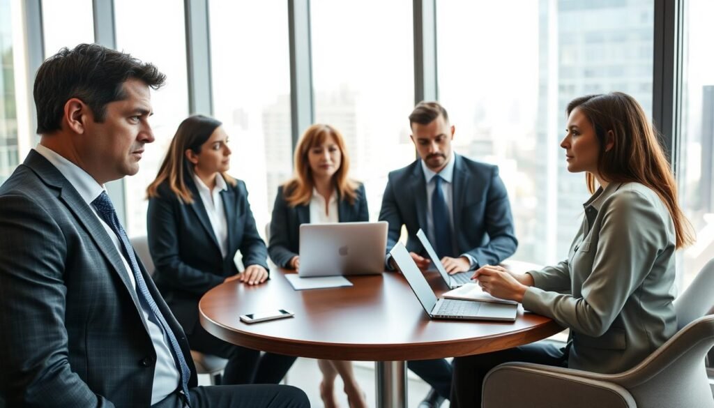 A professional business meeting in a modern office setting, featuring a diverse group of business people engaged in a serious discussion about feedback. In the foreground, a man in a suit looks contemplative and slightly defensive as he listens to a woman in a professional blouse who is providing constructive criticism. Both have a focused expression, illustrating the tension of receiving feedback. In the middle, a round conference table with laptops and notepads, where a third colleague in business casual is taking notes, reflecting engagement. The background shows large windows with city views, allowing natural light to pour in, creating a bright yet serious atmosphere. The overall mood is one of reflection and challenge, emphasizing the theme of accepting criticism in business.