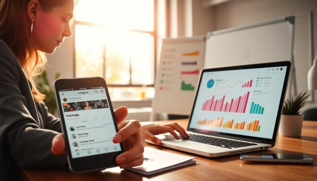 A professional workspace featuring a smartly dressed businesswoman analyzing social media data on a laptop, surrounded by colorful graphs and charts representing hashtag performance. In the foreground, a close-up of a smartphone displaying the Instagram interface with various hashtag options. The middle section highlights a whiteboard with notes and strategies for selecting effective hashtags. The background showcases a modern office setting with a large window allowing natural light to pour in, creating an inviting and productive atmosphere. Capture a mood of focus and creativity, with soft, warm lighting reflecting a sense of inspiration and opportunity for small business growth.