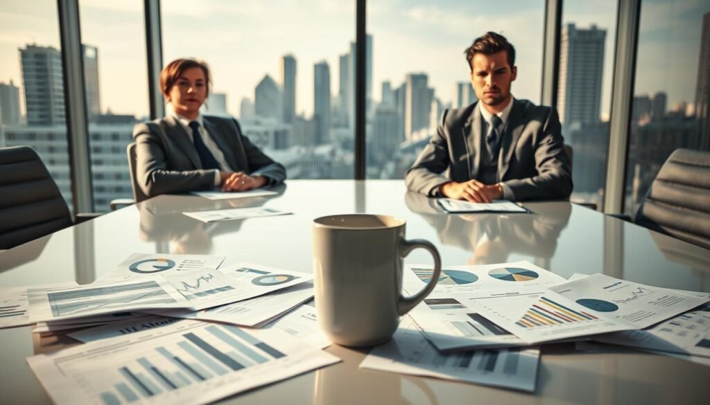 A serene, professional office environment depicting two business partners, a man and a woman, sitting at a sleek conference table. They appear overly similar in behavior and attire, both wearing tailored suits in neutral colors, with identical accessories, expressing uncomfortable body language and tension. In the foreground, a close-up of papers scattered across the table, showing contrasting business charts and documents that represent conflicting ideas. In the middle, a blurred coffee cup stands as a symbol of rising strain, set against the backdrop of a modern city skyline visible through large windows. The lighting is warm yet subdued, casting soft shadows that enhance the mood of discord among similarity. The overall atmosphere suggests a warning against too much similarity in partnerships that may lead to financial pitfalls.