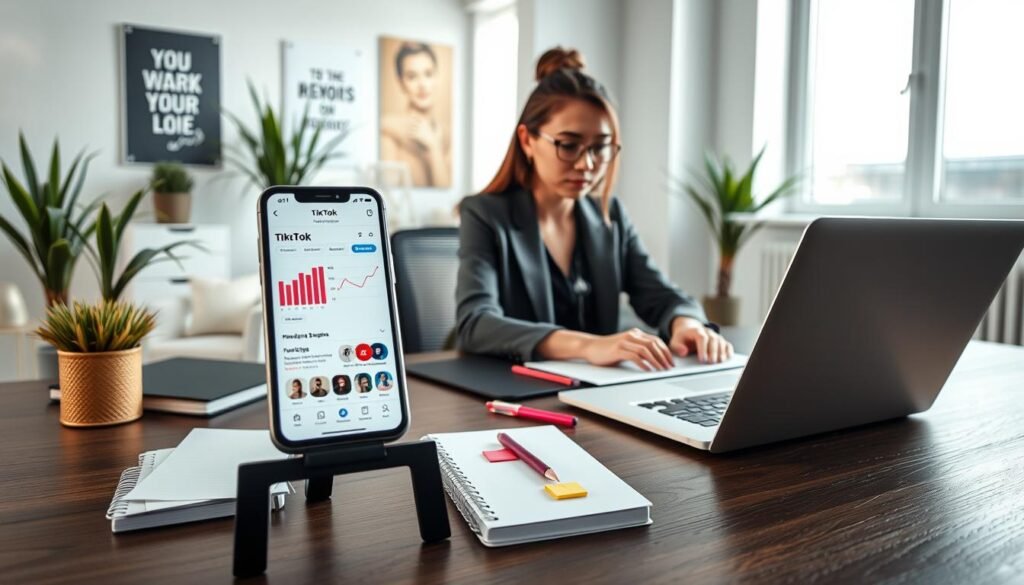 A tech-savvy workspace set up for a TikTok business account preparation. In the foreground, a focused young woman in professional business attire is sitting at a stylish desk, engaged with her laptop, analyzing TikTok analytics. The middle ground features a smartphone on a stand displaying the TikTok app interface, surrounded by marketing materials like notebooks and colorful sticky notes. In the background, a modern minimalist office setting with artificial plants and motivational posters complements the scene. Soft, natural lighting streams through a large window, creating a bright and inviting atmosphere that conveys productivity and creativity. The angle captures the space from slightly above, emphasizing the organized yet dynamic workspace.
