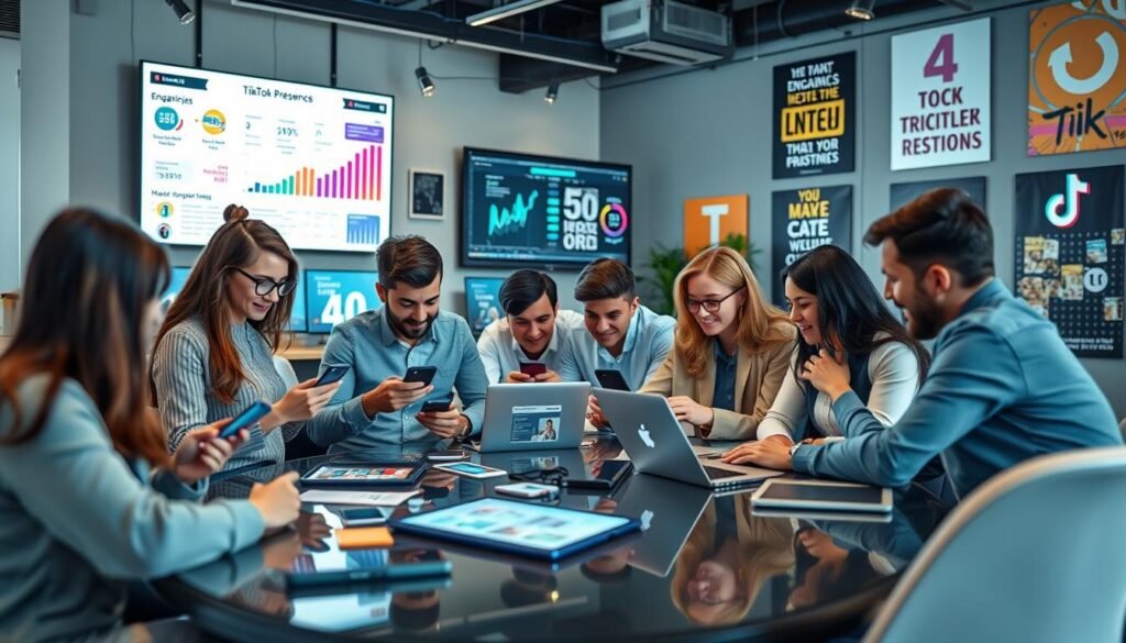 A vibrant, bustling social media marketing scene capturing the essence of brand presence on TikTok. In the foreground, a diverse group of professionals in smart casual attire collaborates around a sleek table filled with smartphones and laptops, examining TikTok analytics on screens. The middle ground features large digital displays showcasing engaging TikTok marketing strategies, colorful graphs, and trending hashtags. The background fades into a stylish office with modern decor, adorned with TikTok branding and motivational posters emphasizing creativity and engagement. Bright lighting creates an energetic atmosphere, emphasizing teamwork and innovation, with a slight depth of field focus on the professionals’ expressions of excitement and determination.
