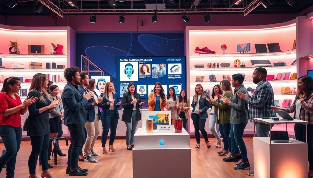 A vibrant digital live shopping scene set in a stylish studio environment. In the foreground, a diverse group of professional influencers and hosts, dressed in smart casual attire, enthusiastically engage with products displayed on sleek pedestals. In the middle ground, a large screen showcases dynamic product graphics and live viewer comments, illustrating interaction and engagement. The background features colorful lighting accents that create a lively atmosphere, with shelves stocked with trendy items like electronics, fashion accessories, and home decor. The scene is enlivened by soft, warm lighting that conveys excitement and a sense of urgency, captured through a slightly elevated angle to emphasize depth and the dynamic interaction between hosts and viewers. The overall mood is energetic and inviting, reflecting the modern digital marketplace.
