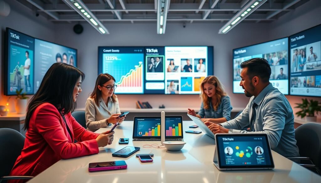 A vibrant, engaging digital workspace illustrating "Content Creation Strategies for Enhanced Engagement" on TikTok. In the foreground, a diverse group of four professionals, dressed in smart casual attire, collaborate around a sleek table filled with digital devices like smartphones and laptops displaying the TikTok app. The middle ground features animated graphics of rising engagement metrics and colorful social media icons. In the background, large screens show the TikTok interface with creative content ideas. The lighting is bright and energetic, capturing a modern, innovative atmosphere, suggesting creativity and dynamism. The view is slightly elevated, focusing on the energetic exchange of ideas among the team, embodying a collaborative and strategic ambiance perfect for social commerce.