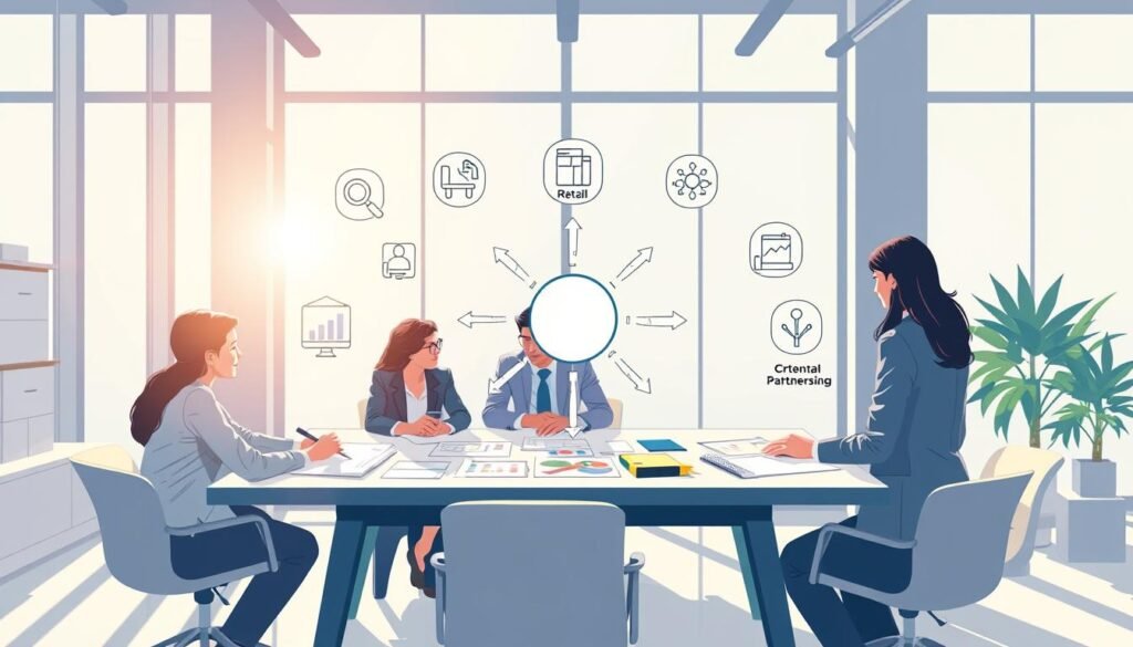 A vibrant, professional illustration depicting the concept of "solutions and distribution channels" in a business context. In the foreground, a diverse group of professionals in business attire engaging in a brainstorming session around a table filled with charts and notes. The middle ground showcases a clear visual representation of various distribution channels, such as arrows leading to icons representing retail, online platforms, and partnerships. The background features a dynamic office environment with large windows allowing natural light to flood in, fostering a collaborative atmosphere. Soft sunlight creates a warm, inviting mood, enhancing the focus on teamwork and innovation. The composition captures the essence of effective solution deployment and distribution strategy without any text or additional distractions. A vibrant, professional illustration depicting the concept of "solutions and distribution channels" in a business context. In the foreground, a diverse group of professionals in business attire engaging in a brainstorming session around a table filled with charts and notes. The middle ground showcases a clear visual representation of various distribution channels, such as arrows leading to icons representing retail, online platforms, and partnerships. The background features a dynamic office environment with large windows allowing natural light to flood in, fostering a collaborative atmosphere. Soft sunlight creates a warm, inviting mood, enhancing the focus on teamwork and innovation. The composition captures the essence of effective solution deployment and distribution strategy without any text or additional distractions.
