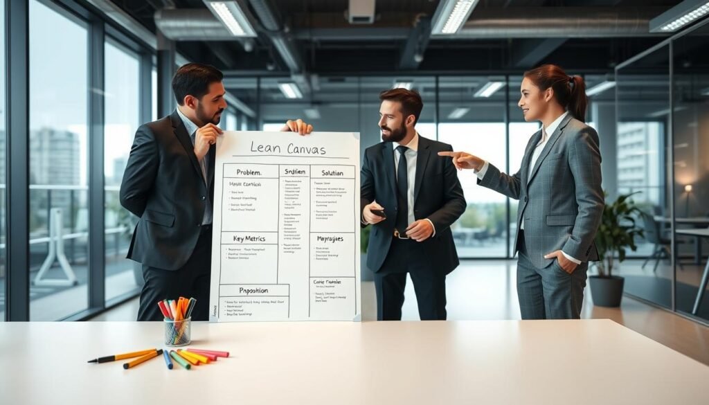 A visually engaging and well-organized Lean Canvas template displayed prominently in the foreground, showcasing the essential components such as problem, solution, key metrics, and unique value proposition. The canvas is illustrated on a clean whiteboard with colorful markers beside it, reflecting a brainstorming session. In the middle ground, a diverse group of three professionals—two men and one woman—dressed in smart business attire, actively discussing and pointing at the canvas, exuding collaboration and innovation. The background features a modern office space with large windows letting in natural light, creating a bright and inspiring atmosphere. The camera angle is slightly above eye level to capture both the canvas and the engaged group, enhancing the mood of creativity and teamwork in a corporate environment. A visually engaging and well-organized Lean Canvas template displayed prominently in the foreground, showcasing the essential components such as problem, solution, key metrics, and unique value proposition. The canvas is illustrated on a clean whiteboard with colorful markers beside it, reflecting a brainstorming session. In the middle ground, a diverse group of three professionals—two men and one woman—dressed in smart business attire, actively discussing and pointing at the canvas, exuding collaboration and innovation. The background features a modern office space with large windows letting in natural light, creating a bright and inspiring atmosphere. The camera angle is slightly above eye level to capture both the canvas and the engaged group, enhancing the mood of creativity and teamwork in a corporate environment.