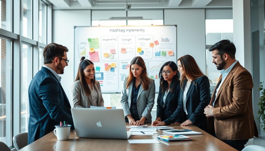 A visually striking image illustrating the concept of "hashtag implementation strategy." In the foreground, a diverse group of professional individuals, dressed in smart business attire, are gathered around a laptop, engaged in a brainstorming session. They are analyzing social media posts displayed on the screen, featuring vibrant hashtags. In the middle ground, a large whiteboard is filled with colorful charts, graphs, and sticky notes showcasing hashtag strategies and their impact on engagement. The background features a modern office environment with large windows letting in natural light, creating an inspiring atmosphere. The image captures a collaborative energy, with soft lighting and a focus on teamwork, highlighting the importance of hashtags in daily content creation.